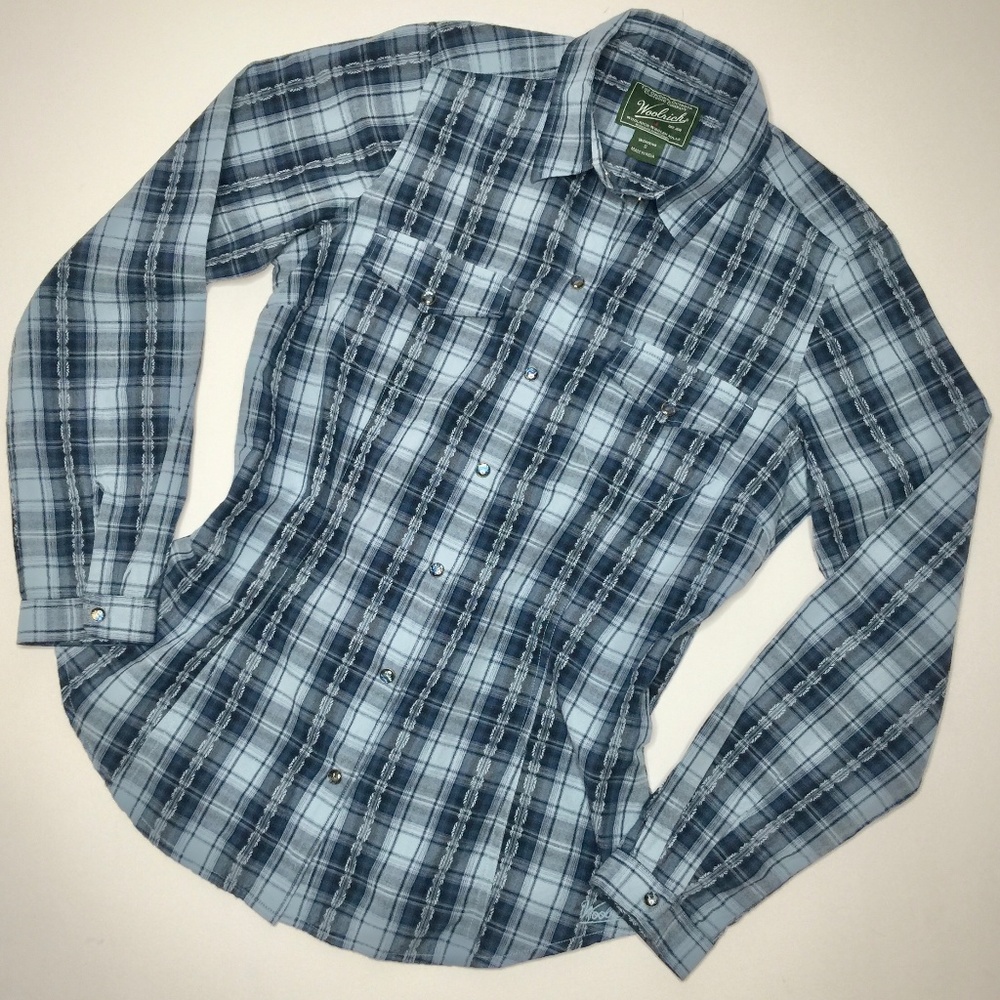 Woolrich Blue Plaid Shirt Sz S Pearl Snap Buttons